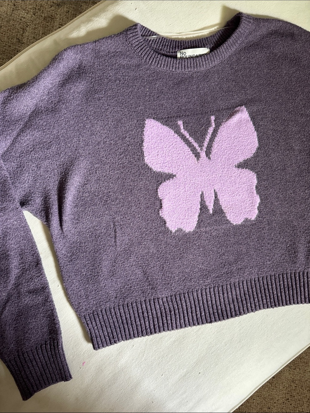 No Boundaries Lavender Crewneck Sweater with Pink Butterfly